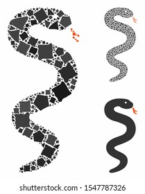 Snake composition of rugged parts in various sizes and color hues, based on snake icon. Vector rugged parts are grouped into illustration. Snake icons collage with dotted pattern.