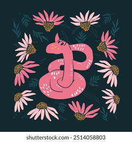 Cartaz escuro de cobra e coneflower. Cartão de fundo de flores e répteis animal. Ilustração plana desenhada à mão vetorial