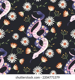 Snake couple floral seamless pattern. Vector flower magic snakes mystic boho background modern art.
