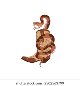 La serpiente en la ilustración retro de vaquero aislada en blanco. Arte de imágenes prediseñadas de tatuajes occidentales. Elemento de diseño de caricaturas del oeste salvaje. 