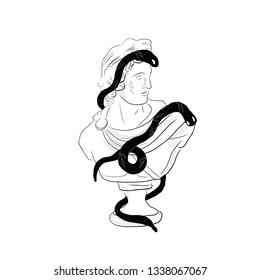 Snake creeping on an antique greek statue. 