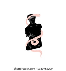 Snake creeping on an antique greek statue. 