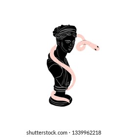 Snake creeping on an antique greek statue. 