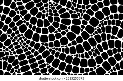 Patrón de piel de animal de serpiente, cocodrilo y dinosaurio, fondo de cuero de reptil. Textura de camuflaje de lagarto o cocodrilo sin costuras monocromo de Vector de escamas irregulares negras que se asemejan a Pequeños motivos de azulejos