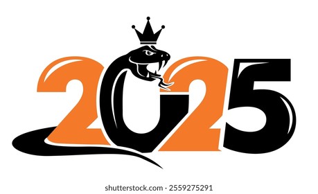 Snake with crown on its head in number 2025.. Serpent silhouette combined with numeric symbol for 2025 Chinese New Year. Vector icon on transparent background