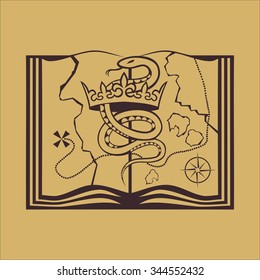 Snake with crown on the treasure map in the book