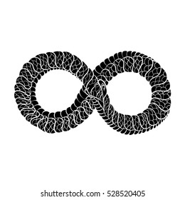 Snake curled in infinity ring. Ouroboros devouring its own tail. Serpent tattoo design, witchcraft masonic, vector illustration