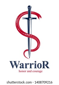 Snake and Dagger, Serpent wraps around a sword vector vintage tattoo, Life is a Fight concept, allegorical logo or emblem of ancient symbol.