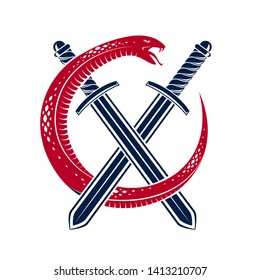 Snake and Dagger, Serpent wraps around a sword vector vintage tattoo, Life is a Fight concept, allegorical logo or emblem of ancient symbol.