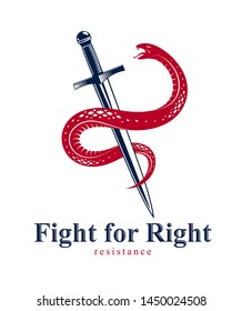 Snake and Dagger, Serpent wraps around a sword vector vintage tattoo, Life is a Fight concept, allegorical logo or emblem of ancient symbol.