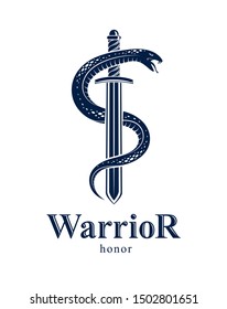 Snake and Dagger, Serpent wraps around a sword vector vintage tattoo, Roman god Mercury, luck and trickery, allegorical logo or emblem of ancient symbol.