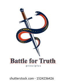 Snake and Dagger, Serpent wraps around a sword vector vintage tattoo, Life is a Fight concept, allegorical logo or emblem of ancient symbol.