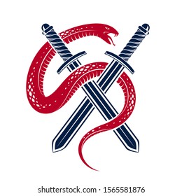 Snake and Dagger, Serpent wraps around a sword vector vintage tattoo, Life is a Fight concept, allegorical logo or emblem of ancient symbol.
