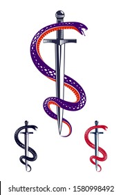 Snake and Dagger, Serpent wraps around a sword vector vintage tattoo, Roman god Mercury, luck and trickery, allegorical logo or emblem of ancient symbol.