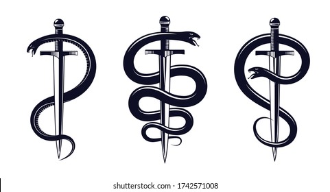 Snake and Dagger, Serpent wraps around a sword vector vintage tattoo, Roman god Mercury, luck and trickery, allegorical logo or emblem of ancient symbol.