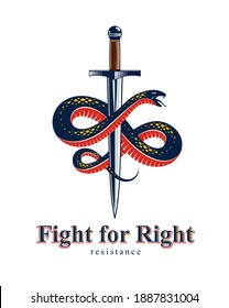 Snake and Dagger, Serpent wraps around a sword vector vintage tattoo, Life is a Fight concept, allegorical logo or emblem of ancient symbol.