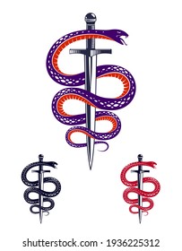Snake and Dagger, Serpent wraps around a sword vector vintage tattoo, Life is a Fight concept, allegorical logo or emblem of ancient symbol.