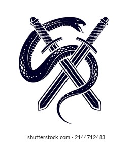 Snake and Dagger, Serpent wraps around a sword vector vintage tattoo, Life is a Fight concept, allegorical logo or emblem of ancient symbol.