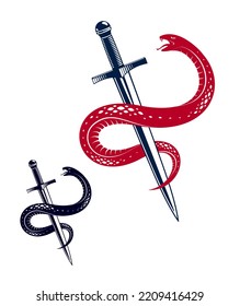 Serpiente y Daga, Serpent envuelve en torno a un tatuaje vintage con vector de espada, la vida es un concepto de lucha, logo alegórico o emblema de un símbolo antiguo.
