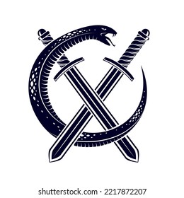 Serpiente y Daga, Serpent envuelve en torno a un tatuaje vintage con vector de espada, la vida es un concepto de lucha, logo alegórico o emblema de un símbolo antiguo.
