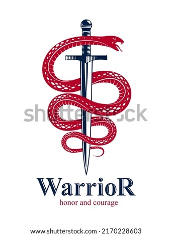 Snake and Dagger, Serpent wraps around a sword vector vintage tattoo, Roman god Mercury, luck and trickery, allegorical logo or emblem of ancient symbol.
