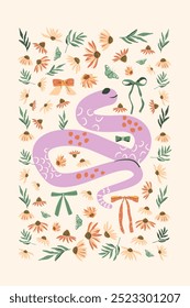 Serpiente y margarita con cartel de arco. Flores y fondo animal de reptil. Tarjeta de felicitación beige. Vector dibujado a mano ilustración plana