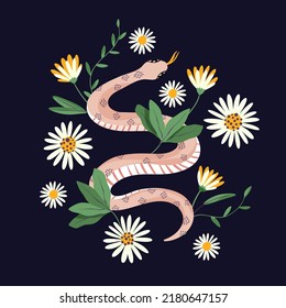 Snake and daisy flower magic print. Tattoo vintage fashion vector wild animal reptile.