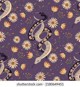 Snake daisy flower vintage celestial seamless vector pattern. Floral magic background