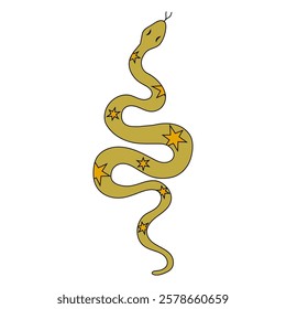 Snake decorated with stars in doodle style. Snake hand drawn mystical. Vector illustration on a white background. Symbol of 2025 according to the Chinese calendar.