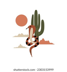 Snake in desert. Cactus plant on sunset background. Arizona landscape. Wild west symbol, western print or emblem. Hand drawn Cartoon flat isolated vector illustration
