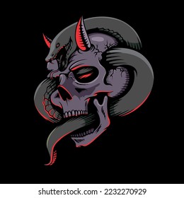 Ilustración vectorial de Snake and Devil Skull. puede utilizarse como pegatina, estampado gráfico de camisetas, afiche, símbolo, emblema o insignia, o cualquier otro propósito.