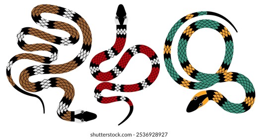 a snake in different colors and poses isolated on a white background. A unique artistic brush draws a snake. stock vector illustration. EPS 10