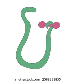 
Snake doing fitness, sports. Funny icon of a snake holding a pink dumbbell. Flat illustration