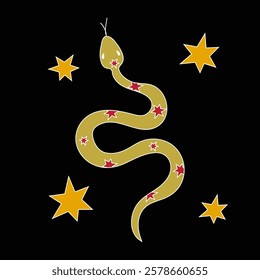 Snake in doodle style with stars on a black background. Symbol of 2025 according to the Chinese calendar. Vector illustration