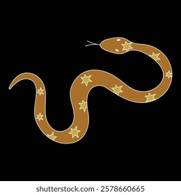 Snake in doodle style with stars on a black background. Symbol of 2025 according to the Chinese calendar. Vector illustration