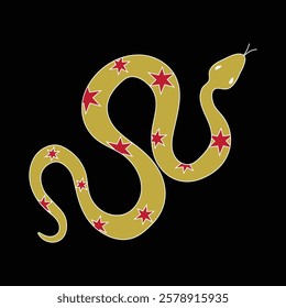 Snake in doodle style with stars on a black background. Symbol of 2025 according to the Chinese calendar. Vector illustration