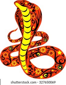 snake with drawing, a cobra  the wild animal kowtowing with a beautiful pattern,  flora of the desert, asp with a tail, a cobra with the opened hood, the snake illustration, a poisonous viper, 