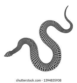 Snake drawing illustration. Black serpent isolated on a white background tattoo design. Venomous reptile, drawn witchcraft, voodoo magic attribute for Halloween.  Vector.