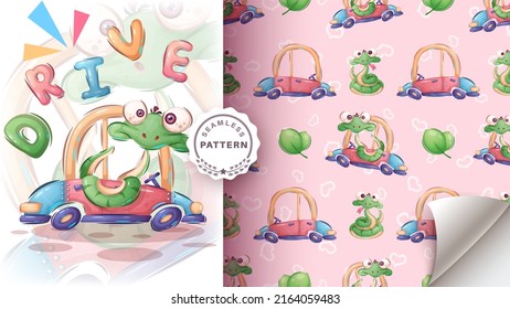 Snake drive the car - seamless pattern