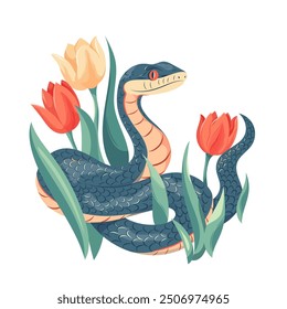 Snake with early garden flowers tulips Vector illustration template for 2025 Year of Snake Spring floral composition with symbol of Chinese new year. Design element for print, tee, card, flyer, banner