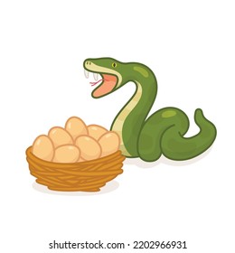 snake eat eggs in nest kawaii doodle flat cartoon vector illustration