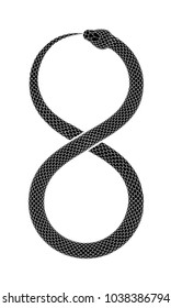 The Snake eates it's own tail in the form of a sign of infinity. Ouroboros symbol tattoo design. Vector illustration isolated on a white background.