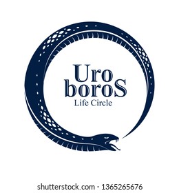 Snake eating its own tale, Uroboros Snake in a shape of circle, endless cycle of life and death, Ouroboros ancient symbol vector illustration logo, emblem or tattoo.