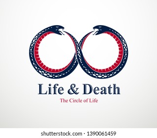Snake eating its own tale, Uroboros Snake in a shape of infinity symbol, endless cycle of life and death, Ouroboros ancient symbol vector illustration logo, emblem or tattoo.