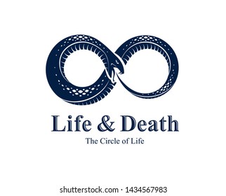 Snake eating its own tale, Uroboros Snake in a shape of infinity symbol, endless cycle of life and death, Ouroboros ancient symbol vector illustration logo, emblem or tattoo.