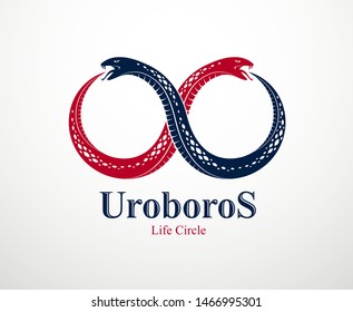 Snake eating its own tale, Uroboros Snake in a shape of infinity symbol, endless cycle of life and death, Ouroboros ancient symbol vector illustration logo, emblem or tattoo.