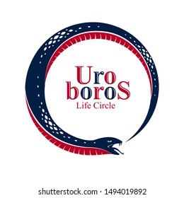 Snake eating its own tale, Uroboros Snake in a shape of circle, endless cycle of life and death, Ouroboros ancient symbol vector illustration logo, emblem or tattoo.