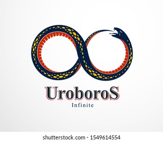 Snake eating its own tale, Uroboros Snake in a shape of infinity symbol, endless cycle of life and death, Ouroboros ancient symbol vector illustration logo, emblem or tattoo.