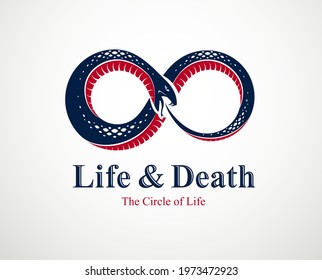Snake eating its own tale, Uroboros Snake in a shape of infinity symbol, endless cycle of life and death, Ouroboros ancient symbol vector illustration logo, emblem or tattoo.