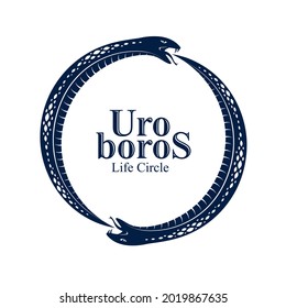 Snake eating its own tale, Uroboros Snake in a shape of circle, endless cycle of life and death, Ouroboros ancient symbol vector illustration logo, emblem or tattoo.